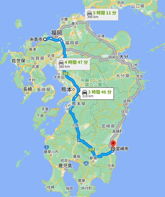 長岡大雅アナが住む糸島市と武田華奈アナが住む宮崎市は300km以上の距離が離れている